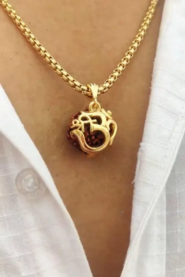Om Rudraksha Pendant with Gold-Plated Chain | Spiritual Necklace | MoolCart